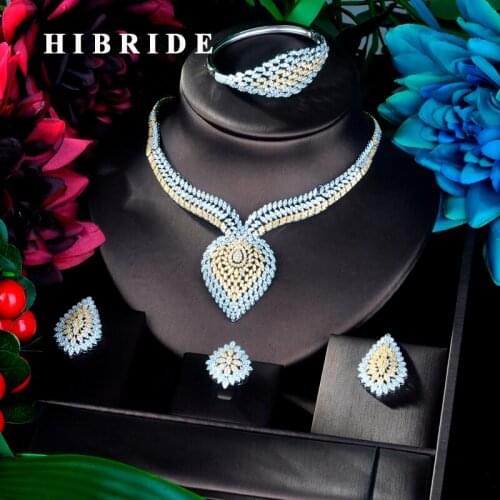 HIBRIDE Brilliant Women Pendant Double Tone Bangle Jewelry Set CZ Earrings Necklace Women Bridal Jewelry Set Party Gifts N-913