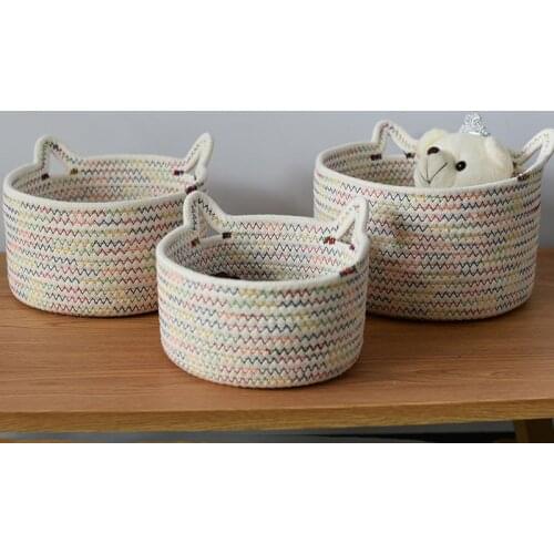 Round Shape Cotton Rope Woven Storage Basket With Handle, Lovely Cat Design Groceries Organizer Storage Bin ,Pet Gift Basket