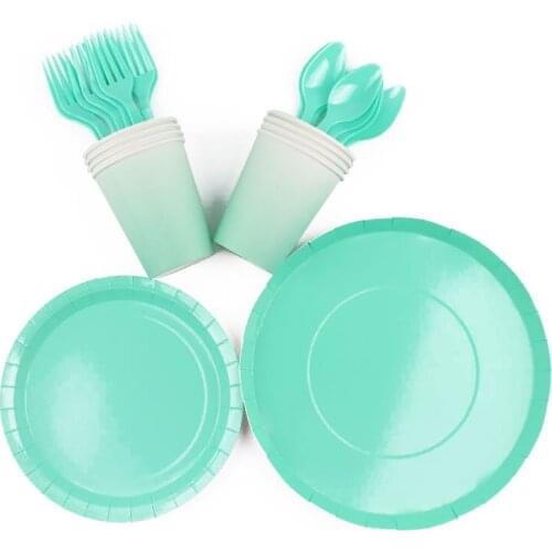 40Pc/Set Round Pure Green Theme Disposable Tableware Birthday Decoration Baby Shower Plate Spoon Forks Tablecloth Party Supplies