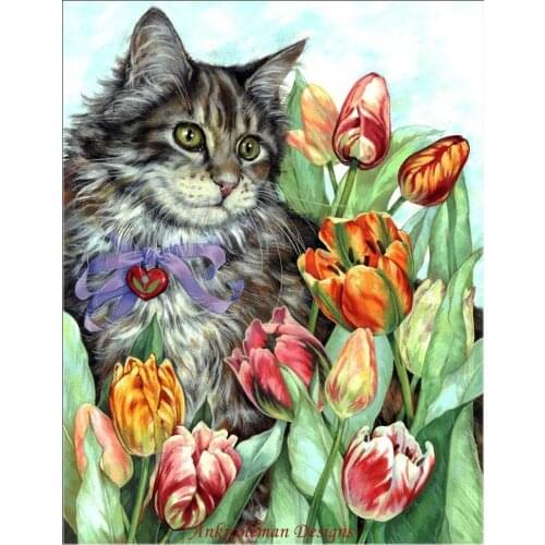Needlework for embroidery DIY DMC High Quality - Counted Cross Stitch Kits 14 ct Oil painting - Cat with Tulips