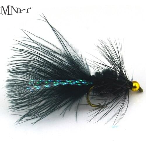 MNFT 10PCS Fly Fishing With Black Wool Flashabou Crystal Decoration Tail Insects Golden Stream Light Beads Head Hook Size 8