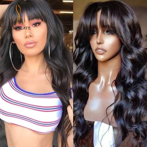 Cheap Non Lace Human Hair Wigs with Bangs 180% Brazilian Body Wave Wig With Baby Hair Remy Free Shipping