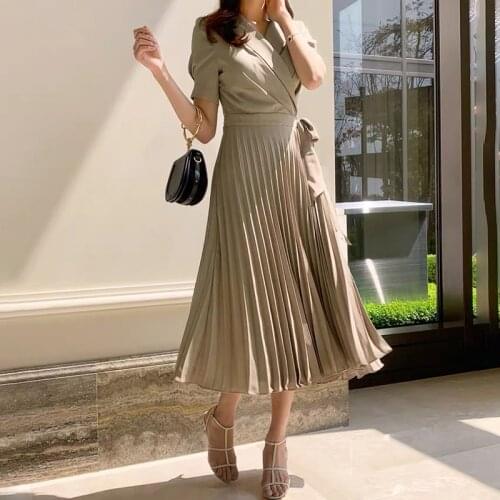 Notched Blazer Dress Short Sleeve Summer Pleated Chiffon Dress Elegant Office Lady Long Midi Dress Vintage with Sashes 2020 A757