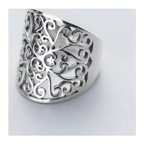 Hollow Flower Vintage Baguette Thumb Adjustable Thai Silver Color Rings For Women Mens Finger Chunky Big Dainty Jewelry SR2311