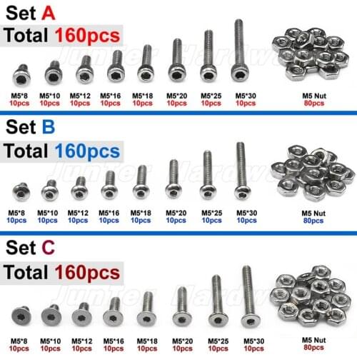 Practical 160pcs M5(5mm) A2 Stainless Steel Allen Bolts Hex Button Flat Socket Head Cap Screws With Hex Nuts Set combination