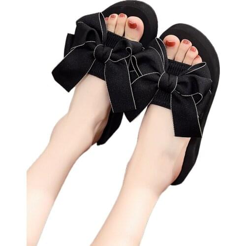 High-Heeled Sandals Womens Non-Slip Thick-Soled Bowknot Slip-On Slope Heel Slippers All-Match Waterproof Platform Beach Shoes