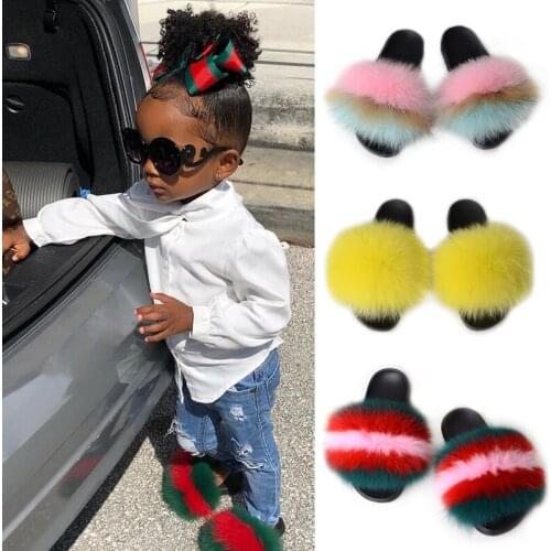 2021 Summer Childrens Colorful Fluffy Fox Fur Slides Baby Fashion Cute Plush Slippers Kids Furry Sandals Girls Soft Flat Shoes