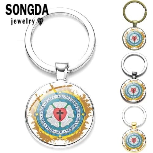 SONGDA Proud to be Lutheran Pattern Key Chain Four Color Glass Cabochon Style Key Chain Jewelry Best Friend Gift Trinket Pendant