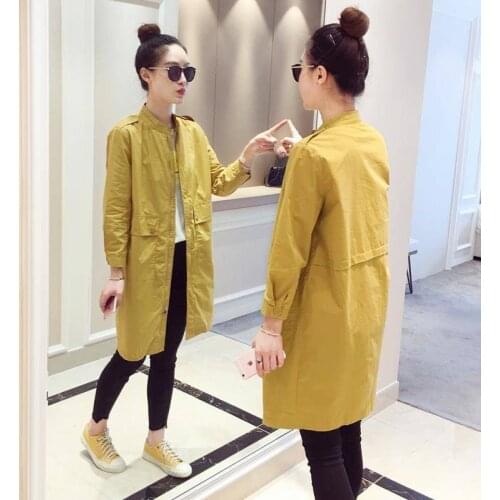 Spring And Summer New Womens Korean Zipper Pocket Casual Loose Medium Length Thin Windbreaker 9 / 3 Sleeve Solid Color Lady Coat