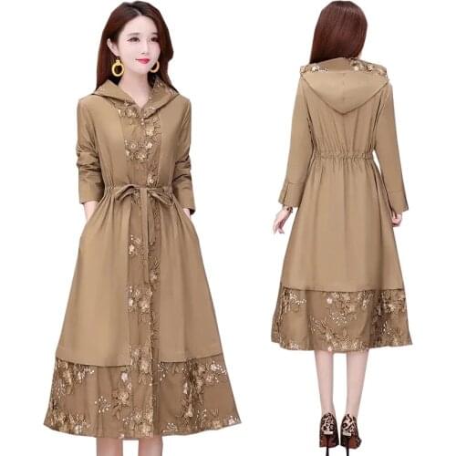 Plus Size 5XL 2021 New Midlength Hooded Embroidery Women Windbreaker Female Lace Stitching Belt Temperament Trench Coat C