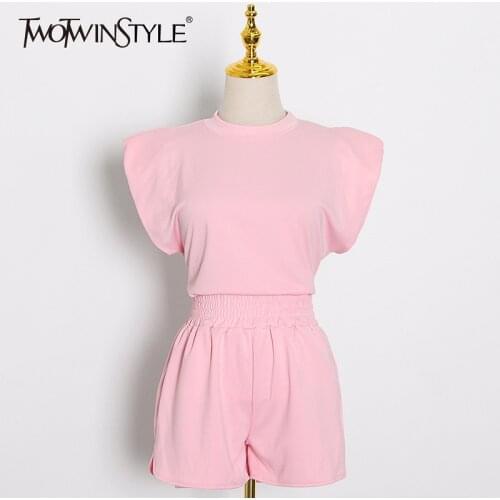 TWOTWINSTYLE Elegant Women Two Piece Set O Neck Sleeveless T-shirt Top High Waist Slim Shorts Casual Suit Female Fashion Clothes