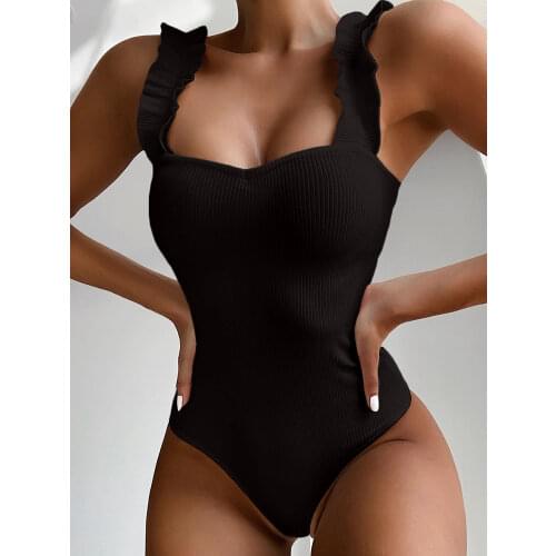 Vintage Swimsuit Women One Piece Ruffle Strap Swimwear Female Push Up Monokini Padded Beach Bathing Suits Black Bodysuits