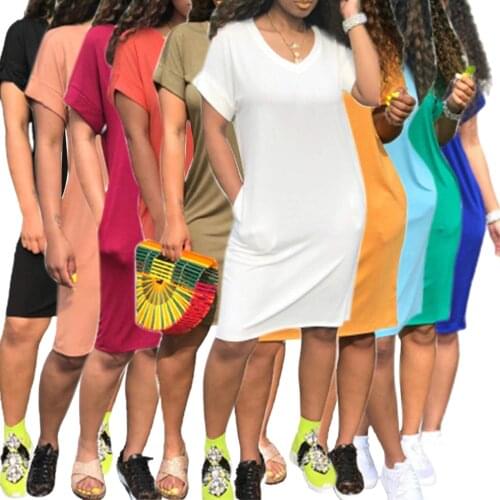 3XL Plus Size Womens Summer Casual T Shirt Dress V-Neck Short Sleeve Mid-Length Dress Pockets Vestido Sukienki Elbise Jurken