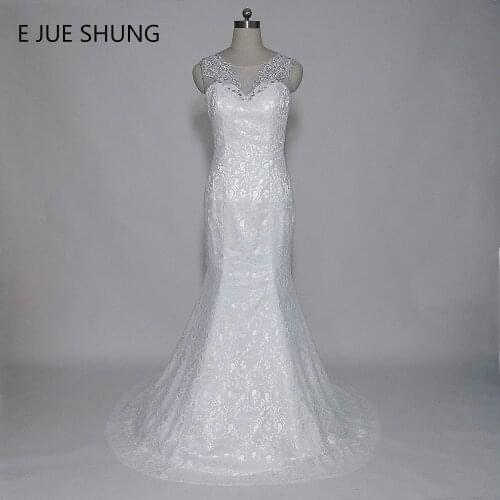 E JUE SHUNG White Lace Mermaid Wedding Dresses 2018 V-neck Lace Up Back Cheap Wedding Gowns robe de mariee brautkleid