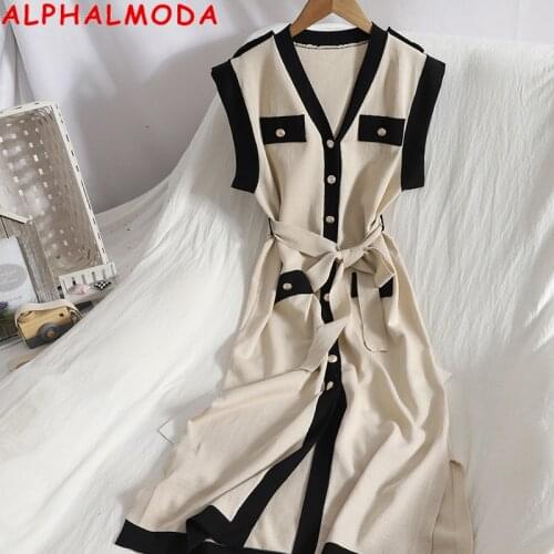 ALPHALMODA 2021 Sleeveless Vest Dress Early Autumn V-neck Single Breasted Split Sashes Slim Knitted Elegant Dress
