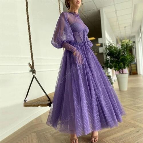 New Lilac Lantern Sleeves Evening Dresses Saudi Arabia 2021 A-Line Sexy Ankle Length Prom Dress Women Party Night Gowns Kaftans