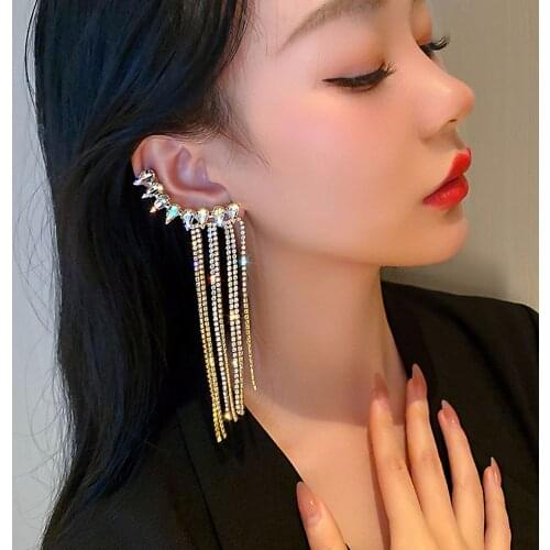 1Pcs Luxury Shiny Crystal Statement Ear Cuff Wing Long Tassel Clip Earrings for Women Girls Ear Jewelry Gift