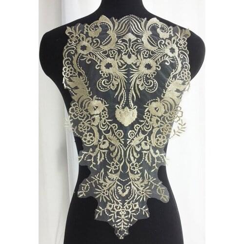 2Pcs Champagne Gold Embroidery Lace Flower Fabric Dress Veil Mesh Embroidery Fabric Clothing Material Patch 49X29cm