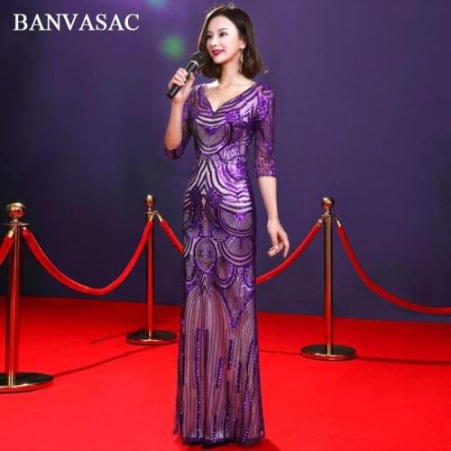 BANVASAC Sexy Deep V Neck Sequined Mermaid Long Evening Dresses Party Pattern Illusion Three Quarter Sleeve Prom Gowns