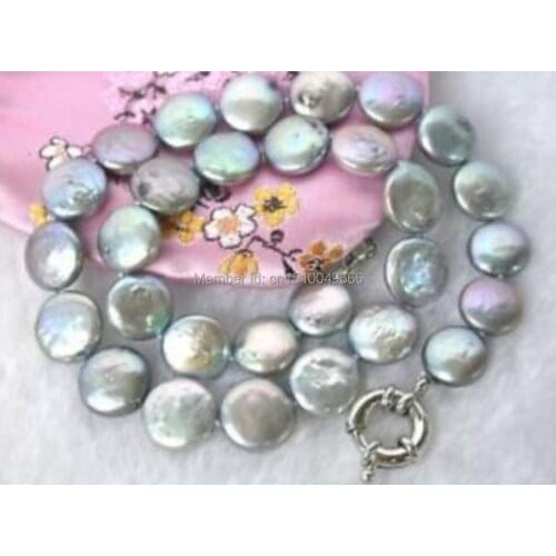 FREE SHIPPING>> 10-12MM Natural Gray Coin Akoya Pearl Necklace 16.5"