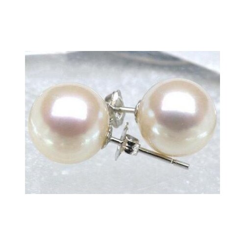 Free shipping>>>>noble jewelry TOP AAA Japanese Akoya Cultured Pearl 7.5-8mm 14K Solid White Gold Stud Earring