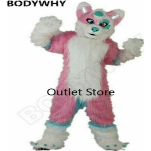 Long Fur Pink Husky Dog Fursuit Mascot Costume Cosplay Fancy Easter Carnival Furry Suits Party Outfits Halloween Xmas Ad Clothes