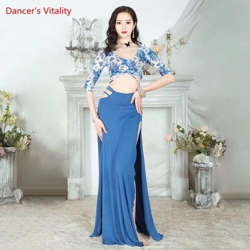 Belly Dance Suit Printing Top Half Sleeve Split Skirt Performance Clothes Set Oriental Dancing Female Elegant Practice Clothing