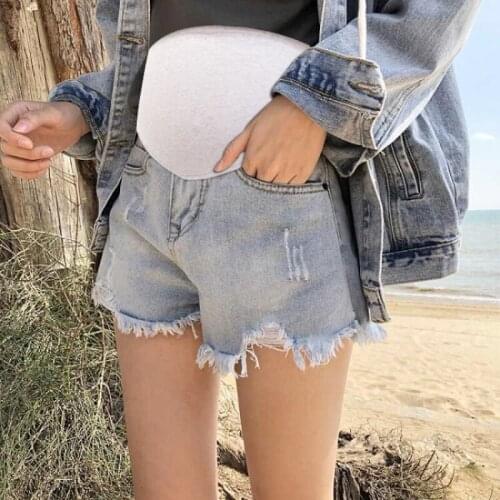 Summer Ripped Hole Denim Maternity Hot Shorts Sports Casual Belly Short Jeans Clothes for Pregnant Women Loose Pregnancy
