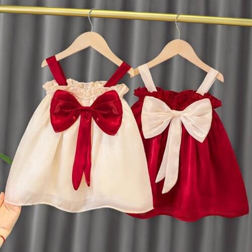 Cute Newborn Kids Baby Girl Dresses Clothing White / Red Big Bowknot Slip Dress Princess Girls Christmas Outfits Solid Summer
