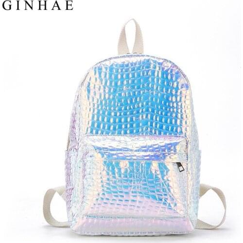 Fashion Women Holographic Laser Backpack Student Alligator School Bags For Teenage Girls Travel Shoulder Bag Sac A Dos Mochila