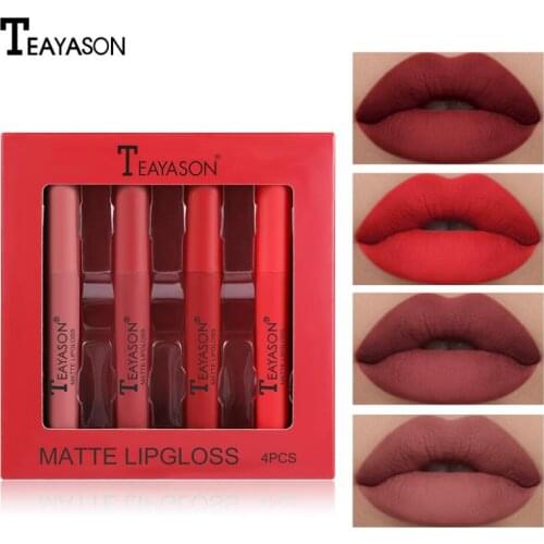 4Colors Velvet Matte Liquid Lipstick Set Non-fading Lip Gloss Long Lasting Non-stick Cup Lipstick Pumpkin Color Lips Cosmetic