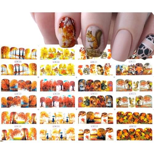 12 styles Autumn Designs Water Nail Stickers Yellow Maple Leaf squirrel Water Decals Sliders for Manicure Adhesive Tattoos Tips