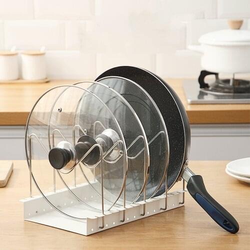 Stainless Steel Adjustable Pot and Lid Rack Pan Organizer Holder Dividers for Kitchen Cabinets Counter Tops Store Cutting Boards