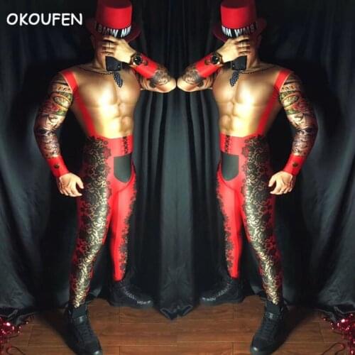 2018 New Red Perspective Men sexy costumes set Party stage wear nightclub male singer dj Jazz dance clothing set