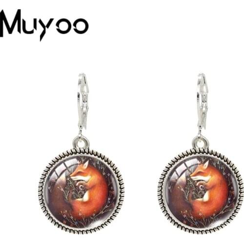 2019 New Sleeping Fox With Flowers Dangle Earring Animal Art Vintage Earring Glass Dome Cabochon Jewelry