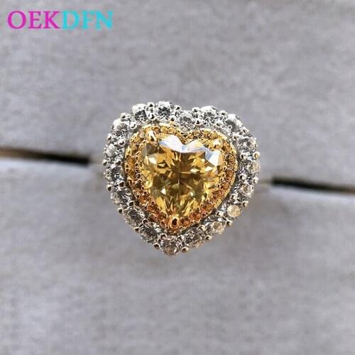 OEKDFN 100% 925 Sterling Silver Rings Heart Citrine Created Moissanite Gemstone Wedding Engagement Ring Bands Women Fine Jewelry