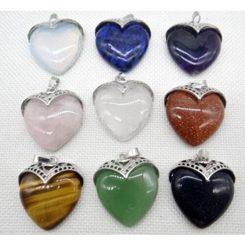 Wholesale 4pcs / Natural Gem stone Quartz Crystal Romantic Silver Plated Mixed Heart Shape Pendants For Jewelry Making Necklace