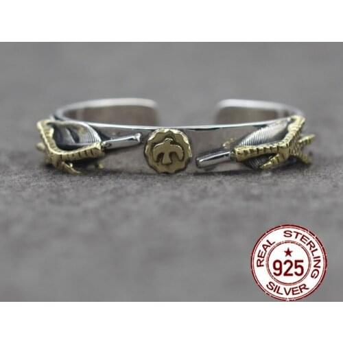 S925 Sterling Silver Open Bangle personalized retro fashion Indian Eagle claw feather style high-end carved simple bracelets