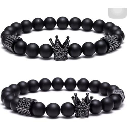 Popular black micro pave CZ crown charm matte onyx beads stretch unisex bracelet one piece xyb141