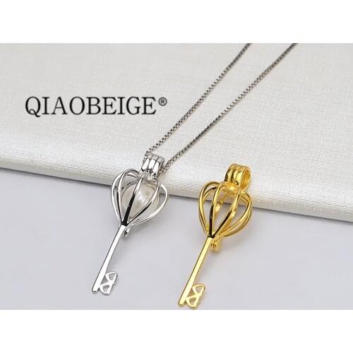 QIAOBEIGE Small Pendant Charm 925 Sterling Silver Accessories Pearl cage Jewelry Mounting Findings no hole pearl just put in