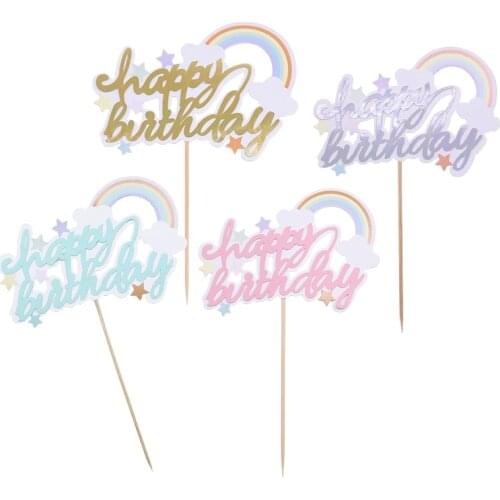 Rainbow Happy Birthday Cake Topper Flags For Kids Girl Birthday Party Unicorn Decorations Silver Blue Gold Pink Cupcake Topper