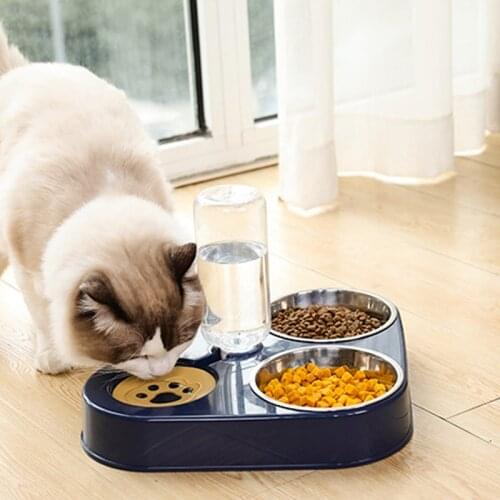 500ml Siphon Bottle Cat Triangle Stainless Steel Dog Food Double Bowl Automatic Drinking Water Bowl Cat Not Wet Mouth Pet Feeder