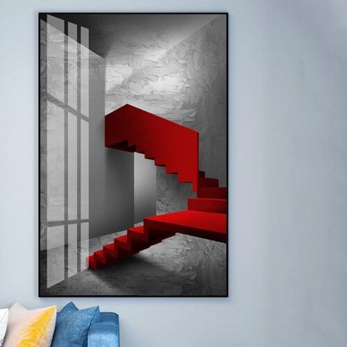 Modern Nordic Red Stairs Black and White Landscape Pictures Building Oil Painting on Canvas Wall Art Home Decoration Cuadros
