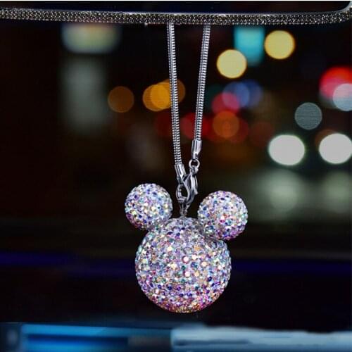 Rhinestone Crystal Ball Car Pendant Cute Cartoon Mickey Bling Car Mirror Hanging Accessories Girls Women Car Interior Decoration
