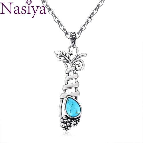 Vintage S925 Sterling Silver Jewelry Pendant Necklace Womens Fansy Grape Plant Shape Natural Turquoise Long Pendants Gifts