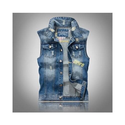 Vintage Slim Light blue Cardigan Sleeveless coats men Jeans vest Denim Vest Patches Embroidery Blue Biker Vest Motorcycle Vest