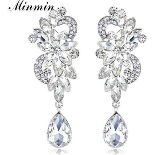 Minmin Sparkling Crystal Flower Shape Drop Earrings for Women Luxury Long Dangle Teardrop Wedding Earrings Jewelry EH1045