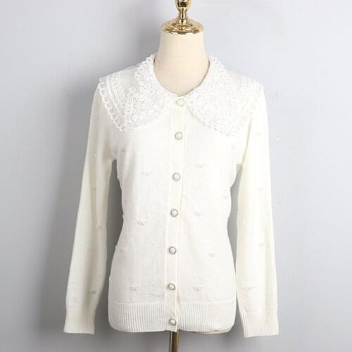 White Lace Doll Collar Big Lapel Long Sleeve Bowknot Rhinestone Fashion and Elegant 2020 Fall High Quality Shirt Women