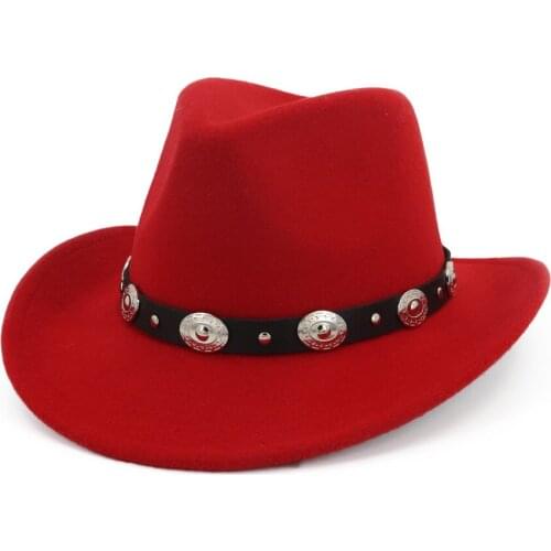 Women Men Red Western Cowboy Hat With Punk Belt Jazz Hat Wide Brim Jazz Cowgirl Hat Size 56-58CM