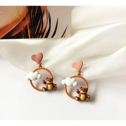 S925 Needle Design cartoon metal vintage bear earrings for women sweet girl love cloud fresh versatile earring